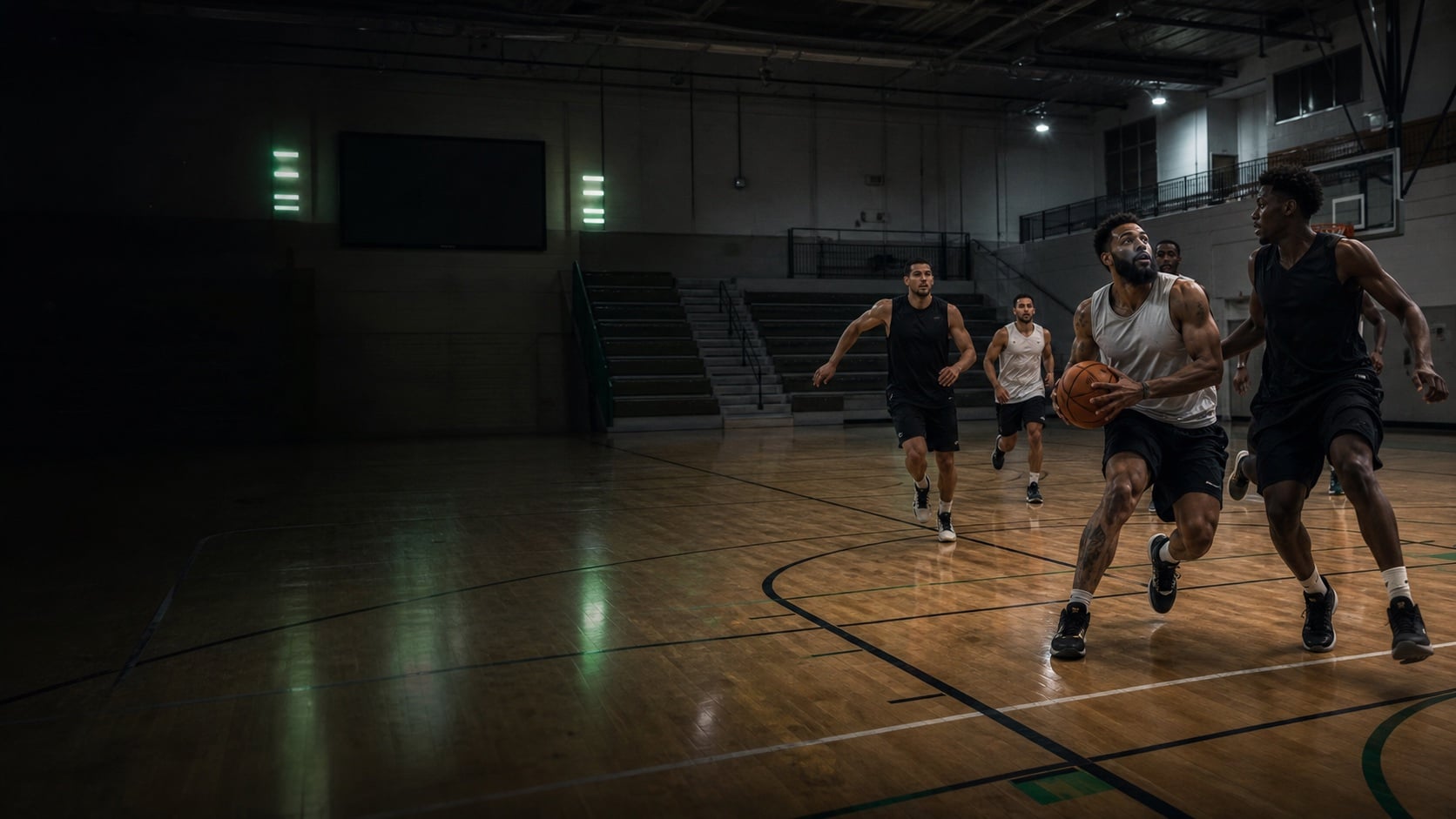 Pickup basketball players running a game in an indoor gym
