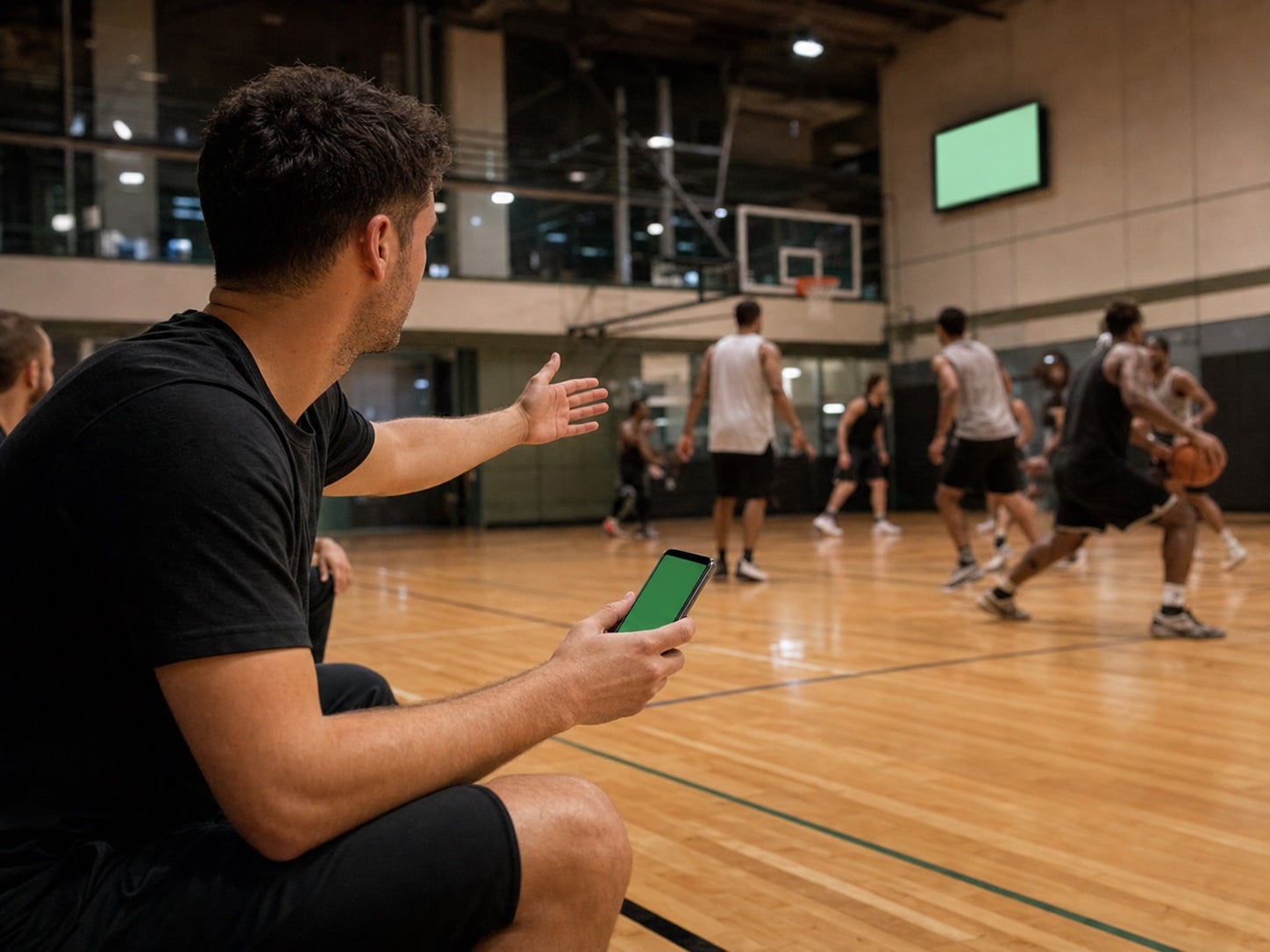 A pickup basketball organizer scoring the game from a phone courtside